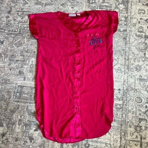 Vintage Pink Nightie Satin Embroidered Shirt Dress Size Large